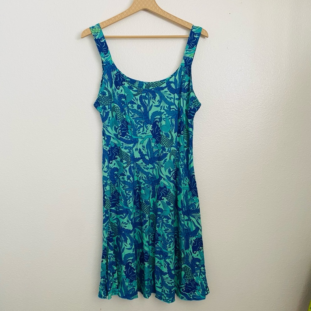 Rainbow Teal & Aqua Floral Mini Dress - Abstract Print - Size L - Picture 6 of 10